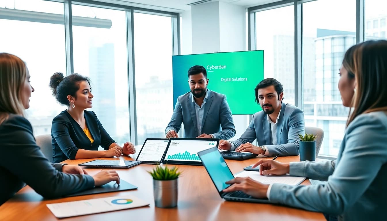 Team discussing Cyberdan strategies in a bright, professional business setting.