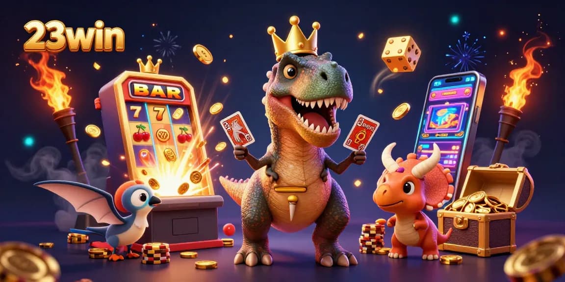 Win big at 23win while a T-Rex shuffles cards, surrounded by golden surprises.