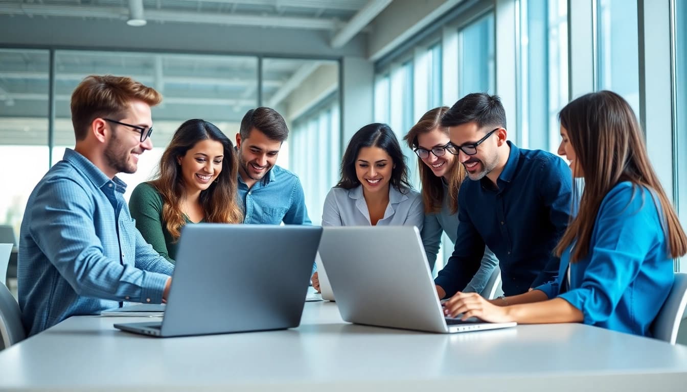 Web development company team collaborating in a modern office environment