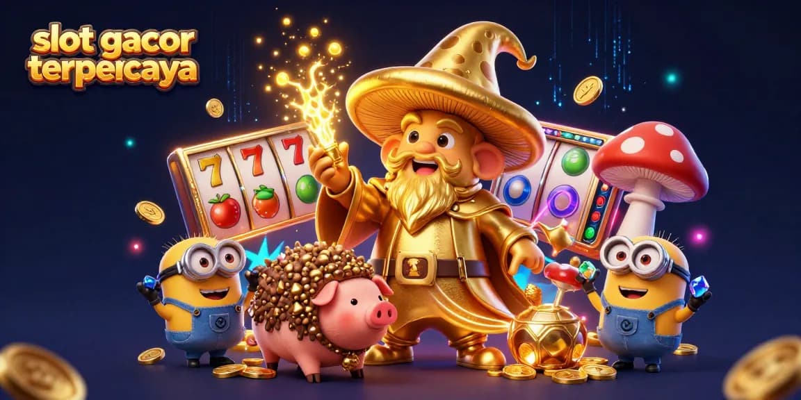 Unleash your luck with slot gacor terpercaya magic as a golden mushroom wizard creates winning combinations in a vibrant casino.