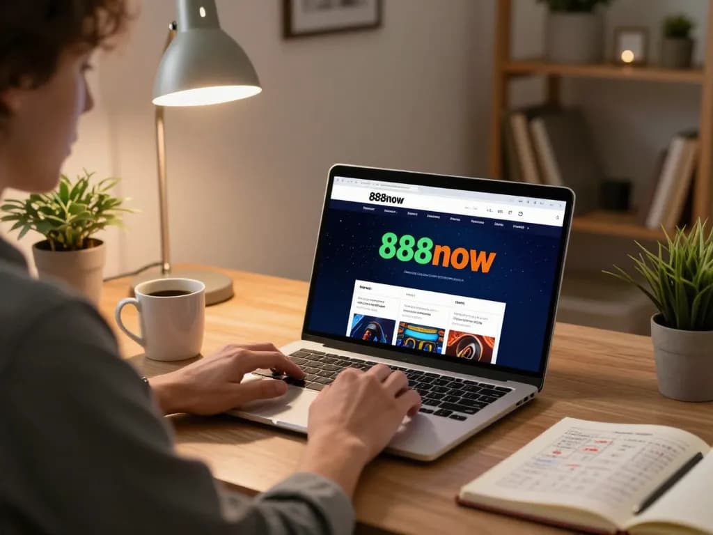 Person enjoying online gambling on 888now com in a cozy home office setting with betting strategies nearby.