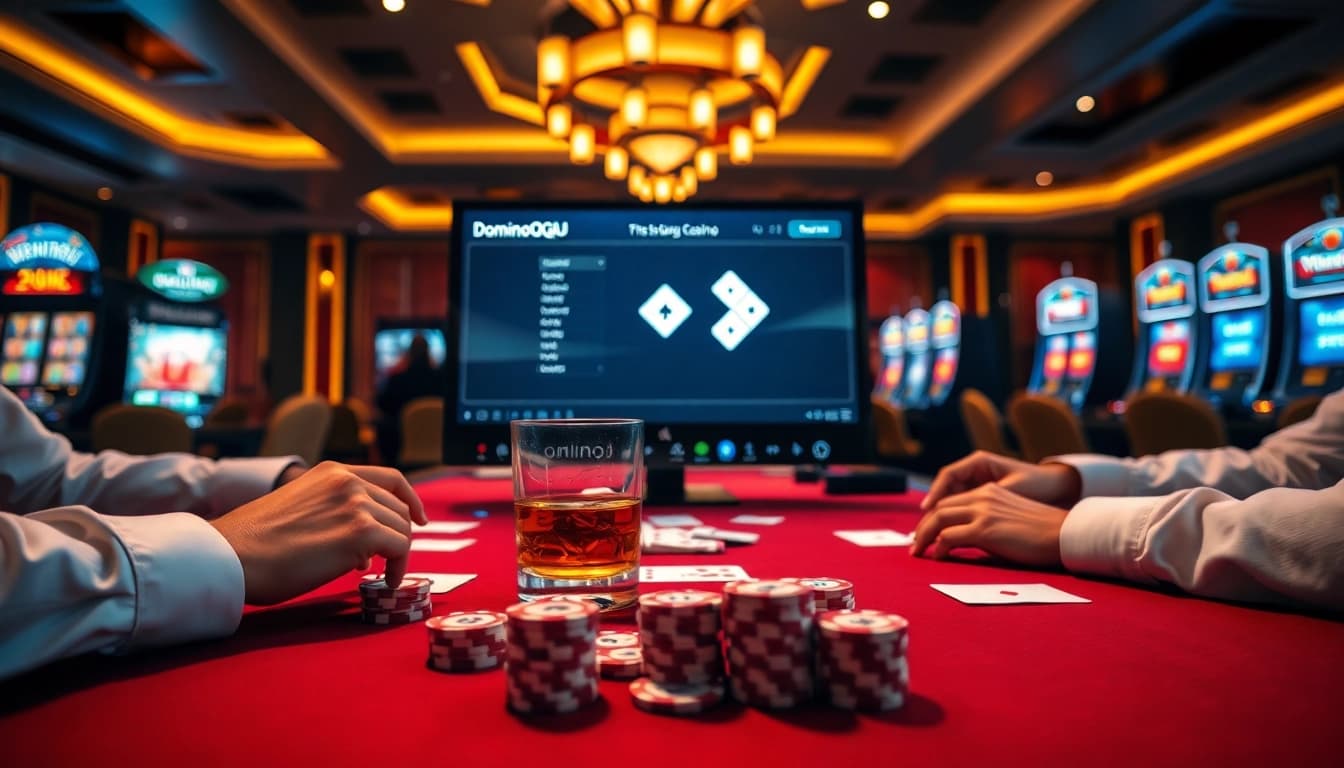 Experience the excitement of winning on Dominoqiu with lively players at a poker table.