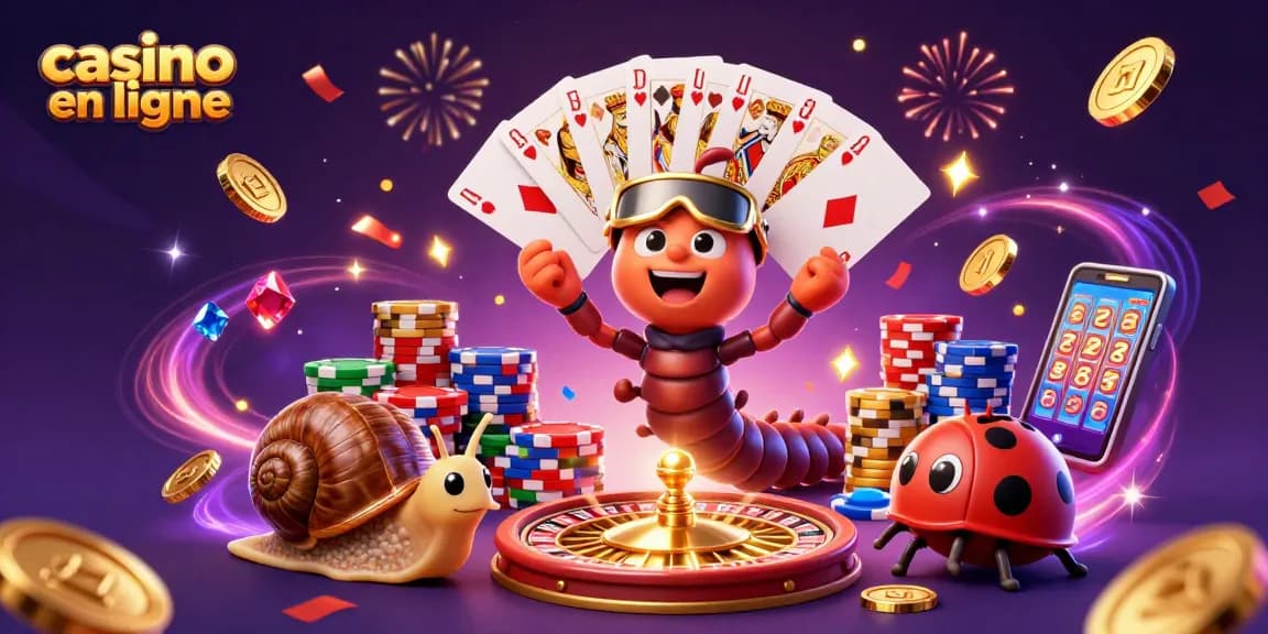 Casino en ligne avec des personnages en 3D et des éléments festifs de jeu, illustrant l'excitation des paris.