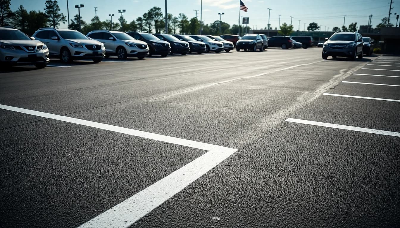 Parking lot striping Highway 80 Jackson MS with freshly painted lines and organized vehicles.