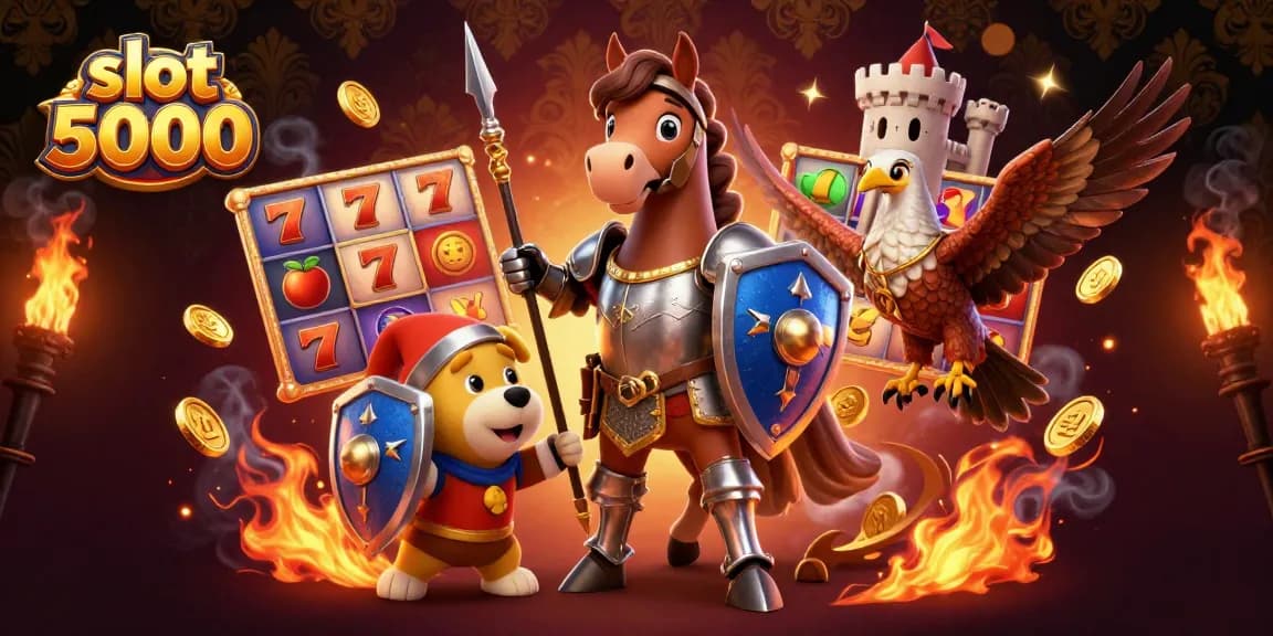 Engage with the vibrant slot 5000 experience featuring a knight, squire puppy, and falcon in a dynamic casino scene.