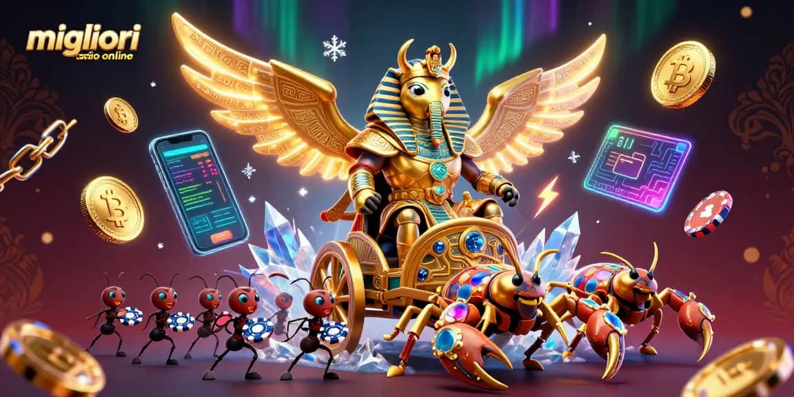 I migliori casino online presentano un'illustrazione 3D con uno scarabeo dorato e scorpioni, simbolo di opportunità e vincite.