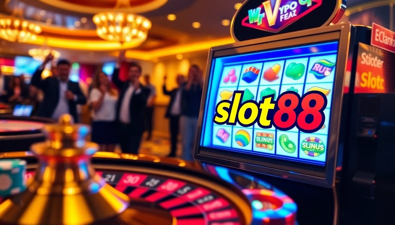Players engaging with the slot88 machine in a vibrant casino atmosphere.
