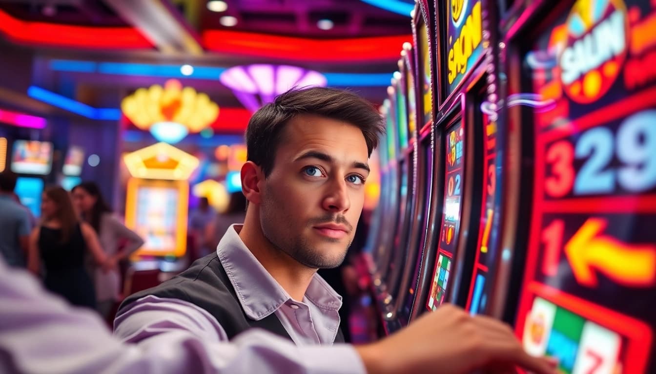 Menangkan slot depo 1k di mesin slot kasino yang ramai dan penuh warna.