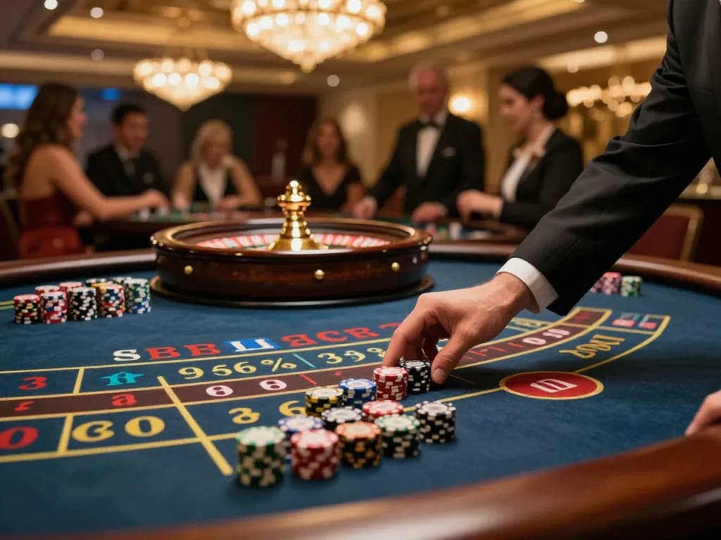 tr88 player placing a bet on a vibrant roulette table in a luxurious casino.