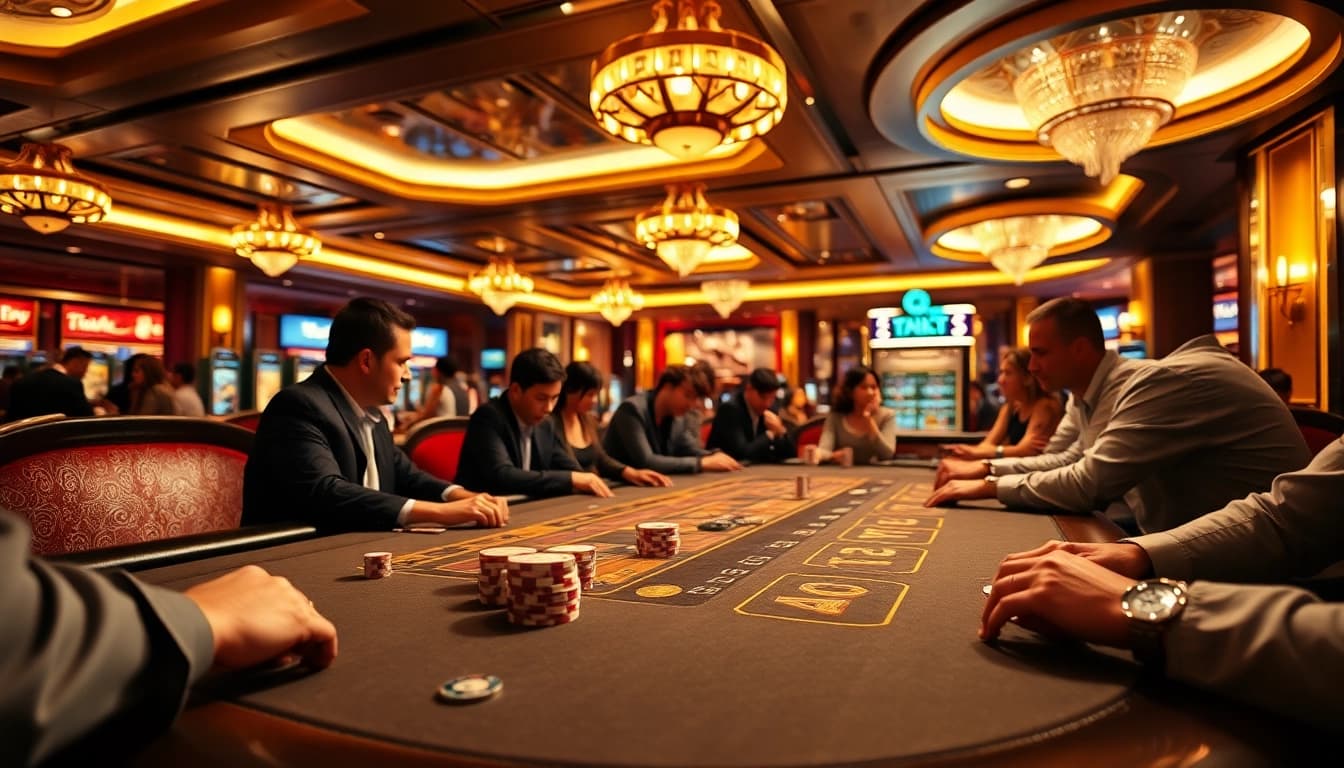 Main event at casino with Pakde4D players enjoying an exciting game night, vibrant atmosphere.