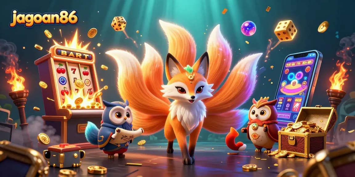 Experience jagoan86 with a vibrant casino scene featuring a glowing fox and jackpot excitement.