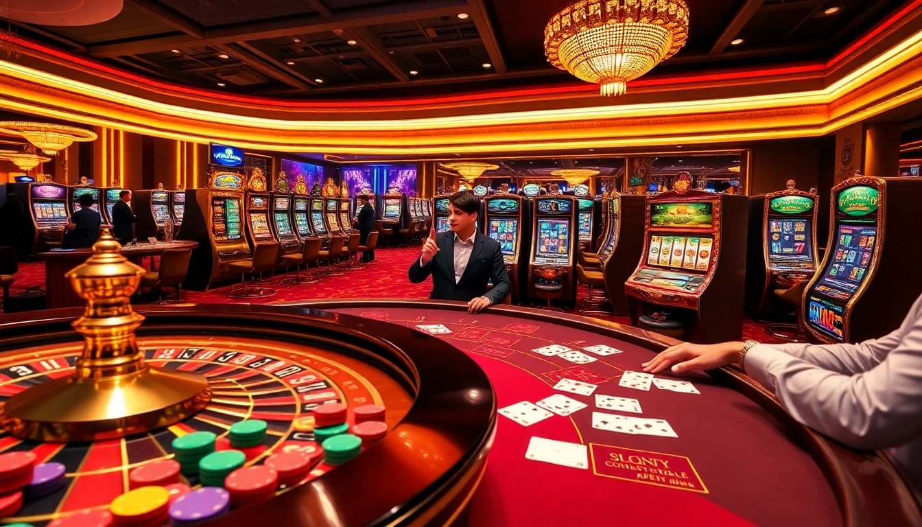 Experience the thrill of gambling with slot365 đăng nhập, showcasing vibrant casino tables and festive slot machines.