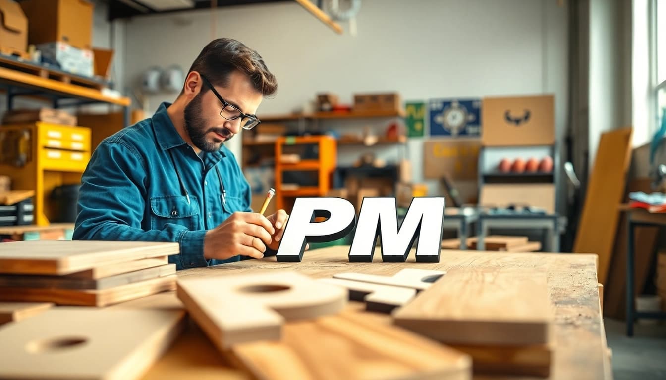 Create custom pm signs with detailed craftsmanship and vibrant designs in a professional workshop setting.