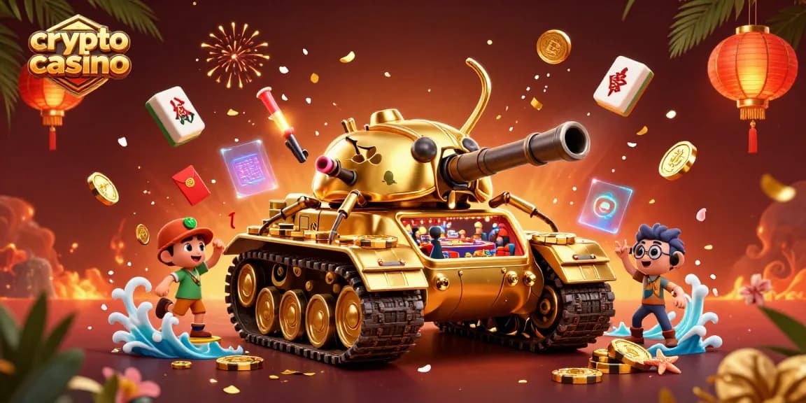 Jeu de casino crypto vibrant avec un tank doré, des pièces de monnaie et des lanternes éclairantes.