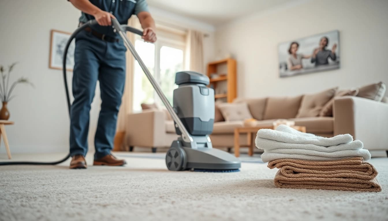 Expert carpet cleaning roseville ca technician at work in a sunlit living room.