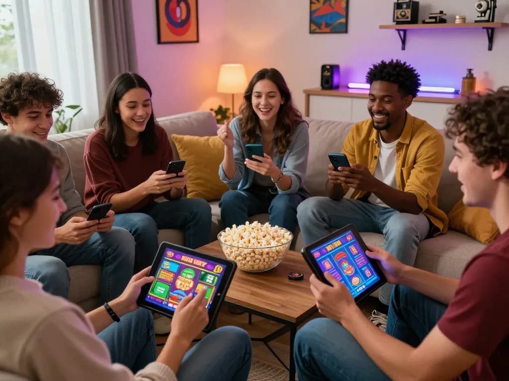 Friends enjoying online gaming at Hit Club Casino https://hitclub9.us.com/ in a vibrant living room.