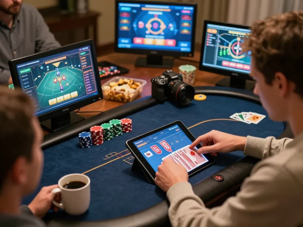 Engaged player enjoying SC88COM poker game on a tablet, showcasing strategic gameplay and relaxed home setting