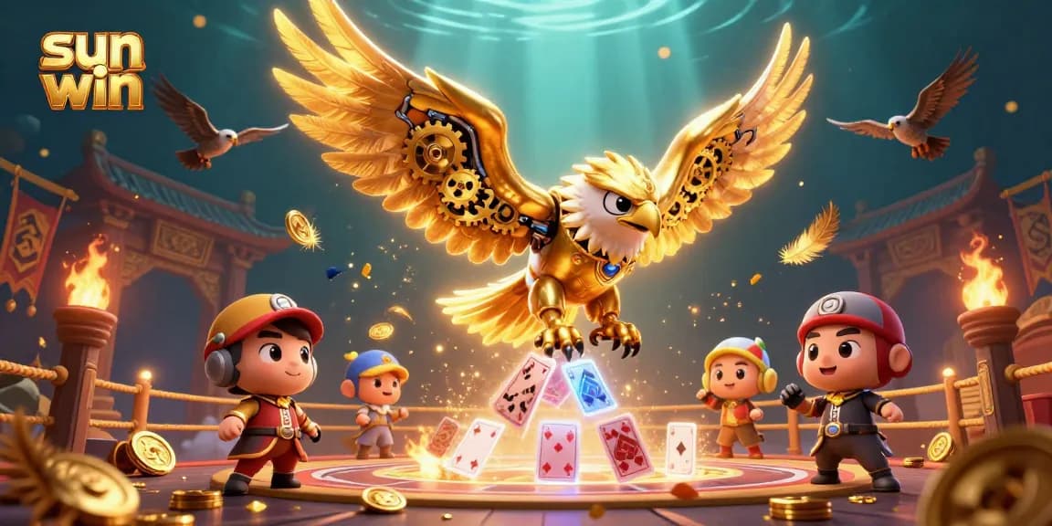 Experience the excitement of sun win with a dynamic casino illustration featuring a golden eagle and holographic cards.