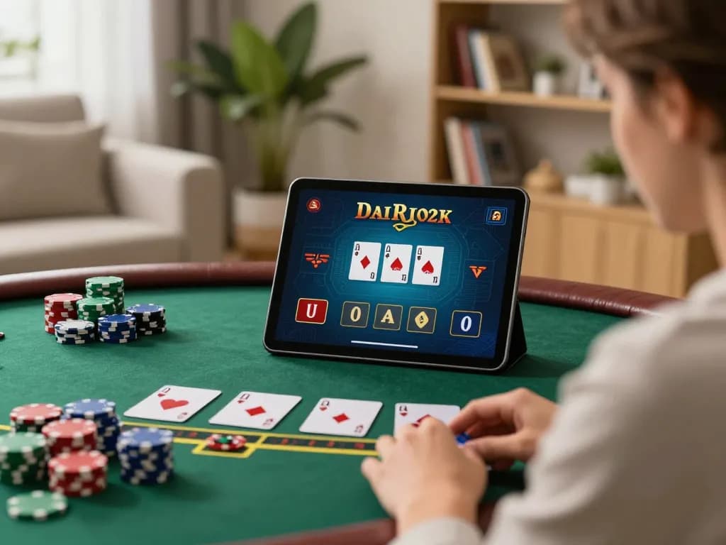 Engaging gameplay at Nk88.com featuring live dealer blackjack on a tablet in a cozy setting