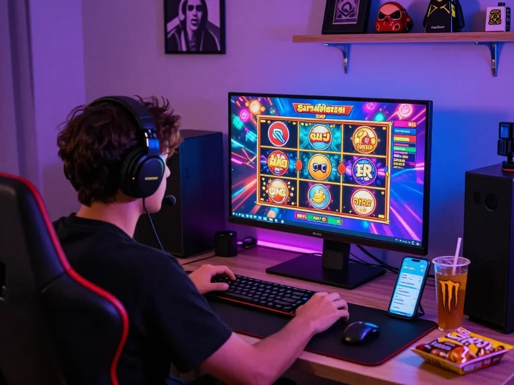 Keceriaan bermain situs slot gacor dengan pemain yang terlibat dalam permainan slot online yang berwarna-warni.