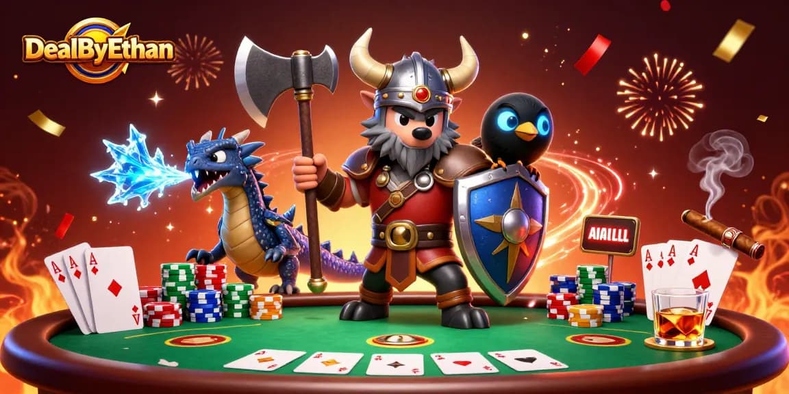 Engage with DealByEthan's vibrant poker scene featuring fierce characters and dynamic gameplay elements.