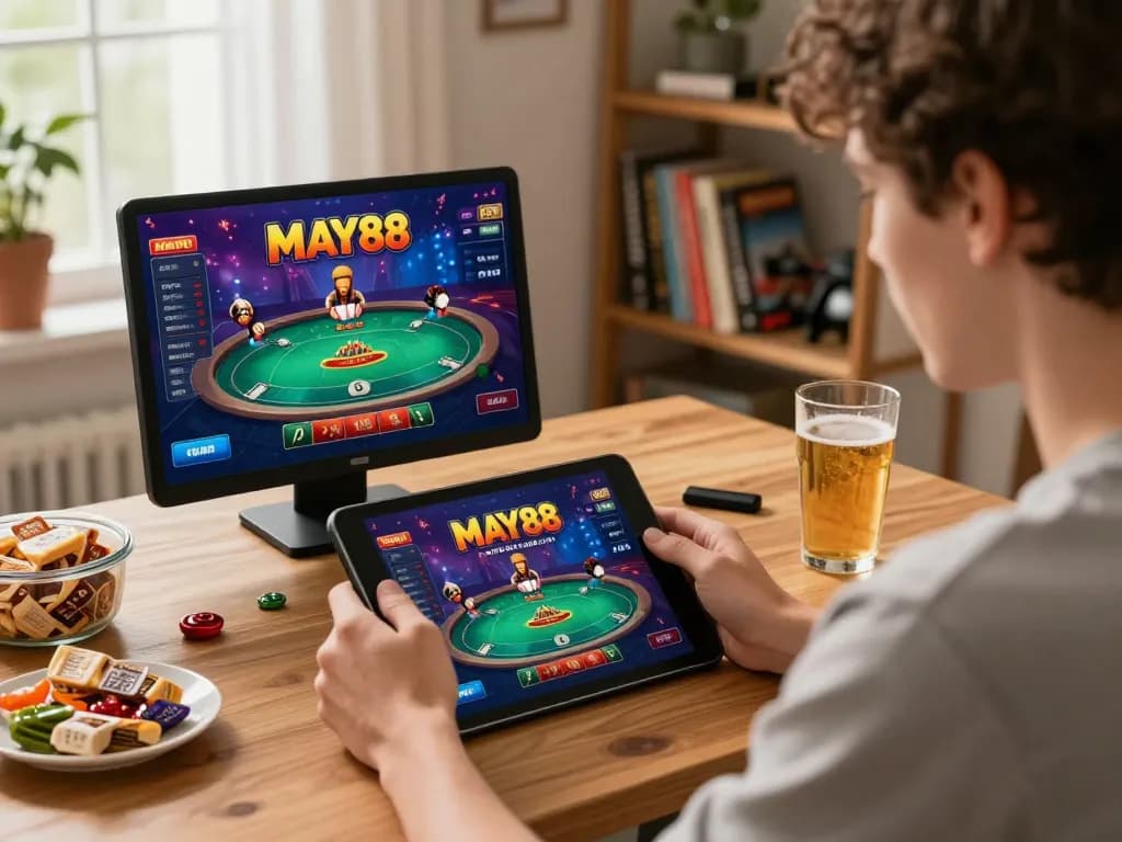MAY88 player engaged in online casino gameplay on tablet with strategic focus and snacks