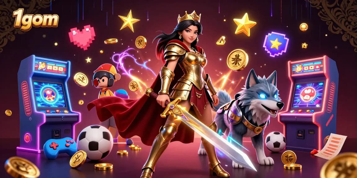 Experience thrilling sports betting dynamics with 1gom's vibrant visual illustration, featuring gaming elements and a warrior queen.