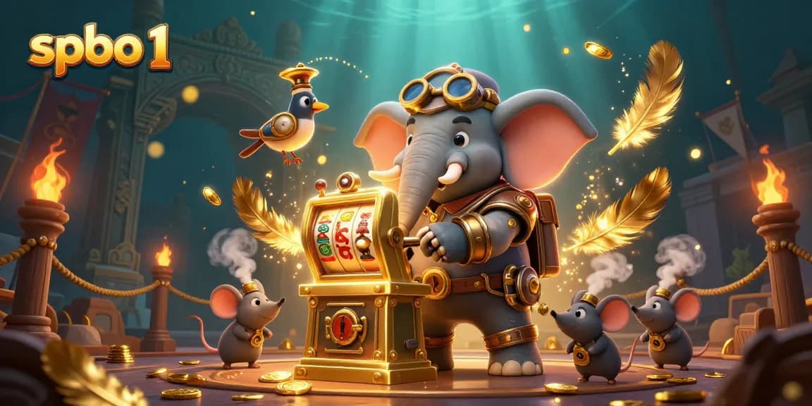 Engage with spbo 1 in this vibrant 3D casino scene filled with steampunk characters and dynamic slot machine action.