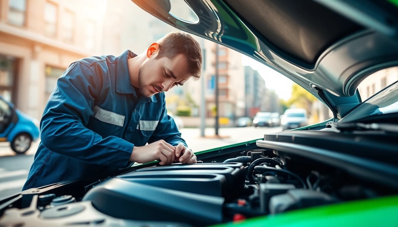 Mobile car repair technician expertly servicing a vehicle against an urban backdrop.