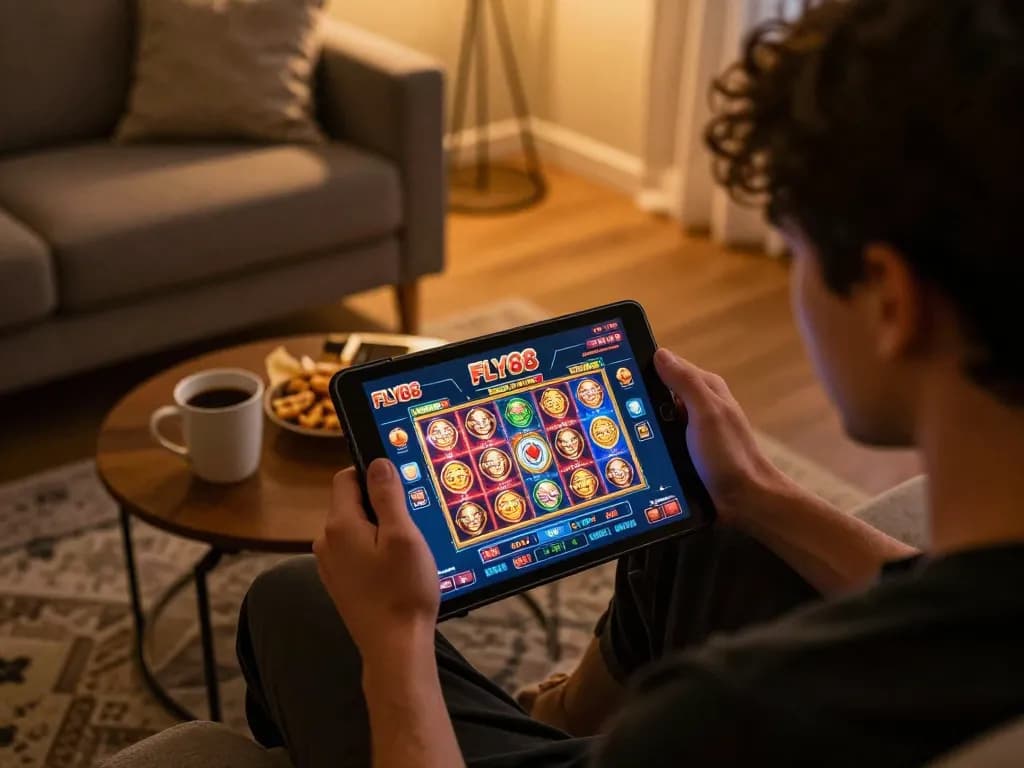 FLY88 online gaming setup featuring vibrant slots on tablet in cozy living space.