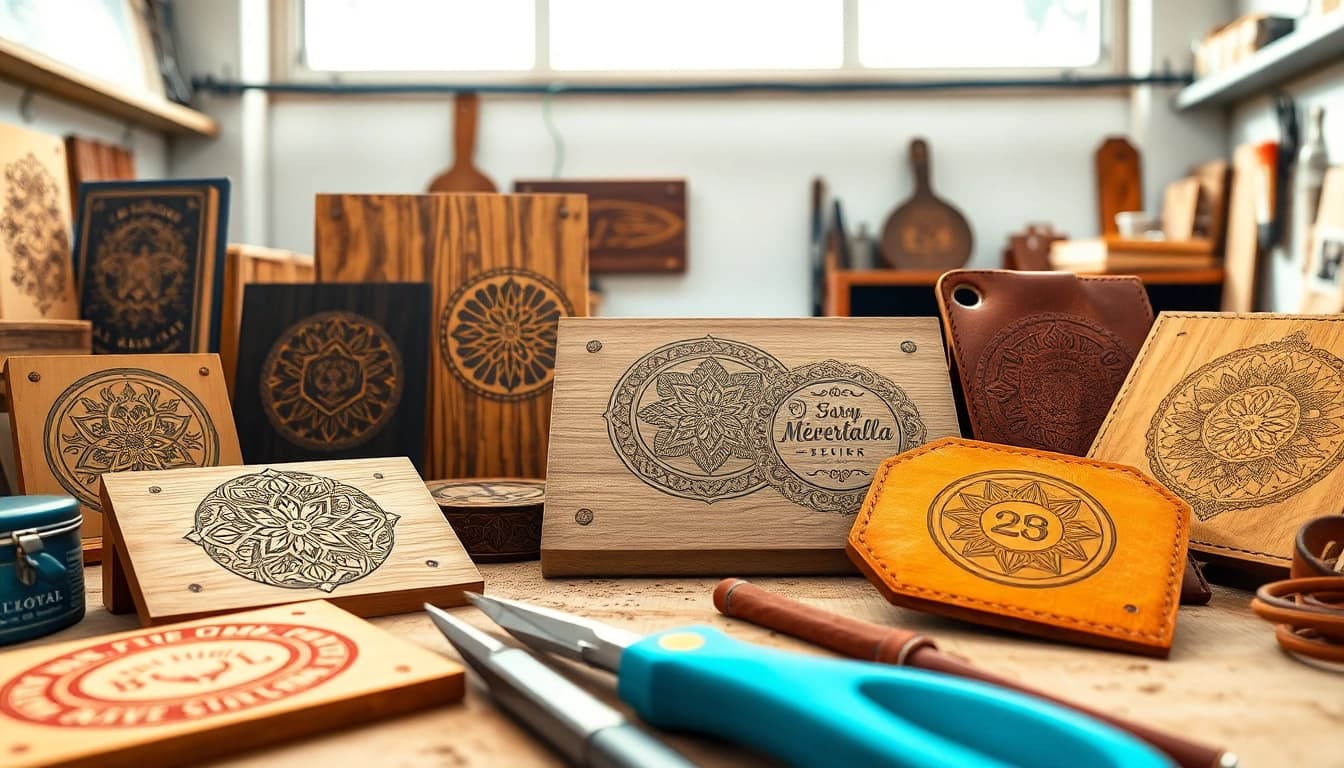 Vibrant laser engraving designs in a workshop, highlighting intricate patterns and personalized items.