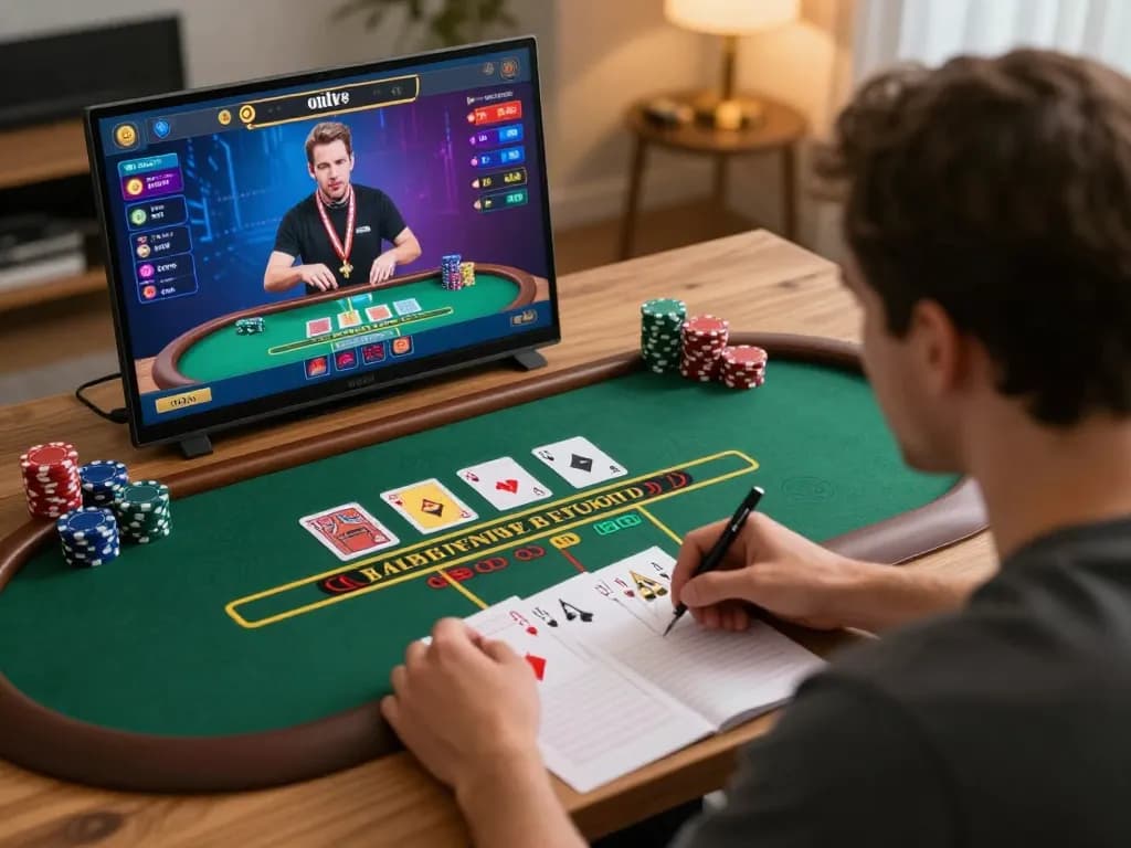 Engaging in hitclub9 blackjack gameplay from home while analyzing strategy notes