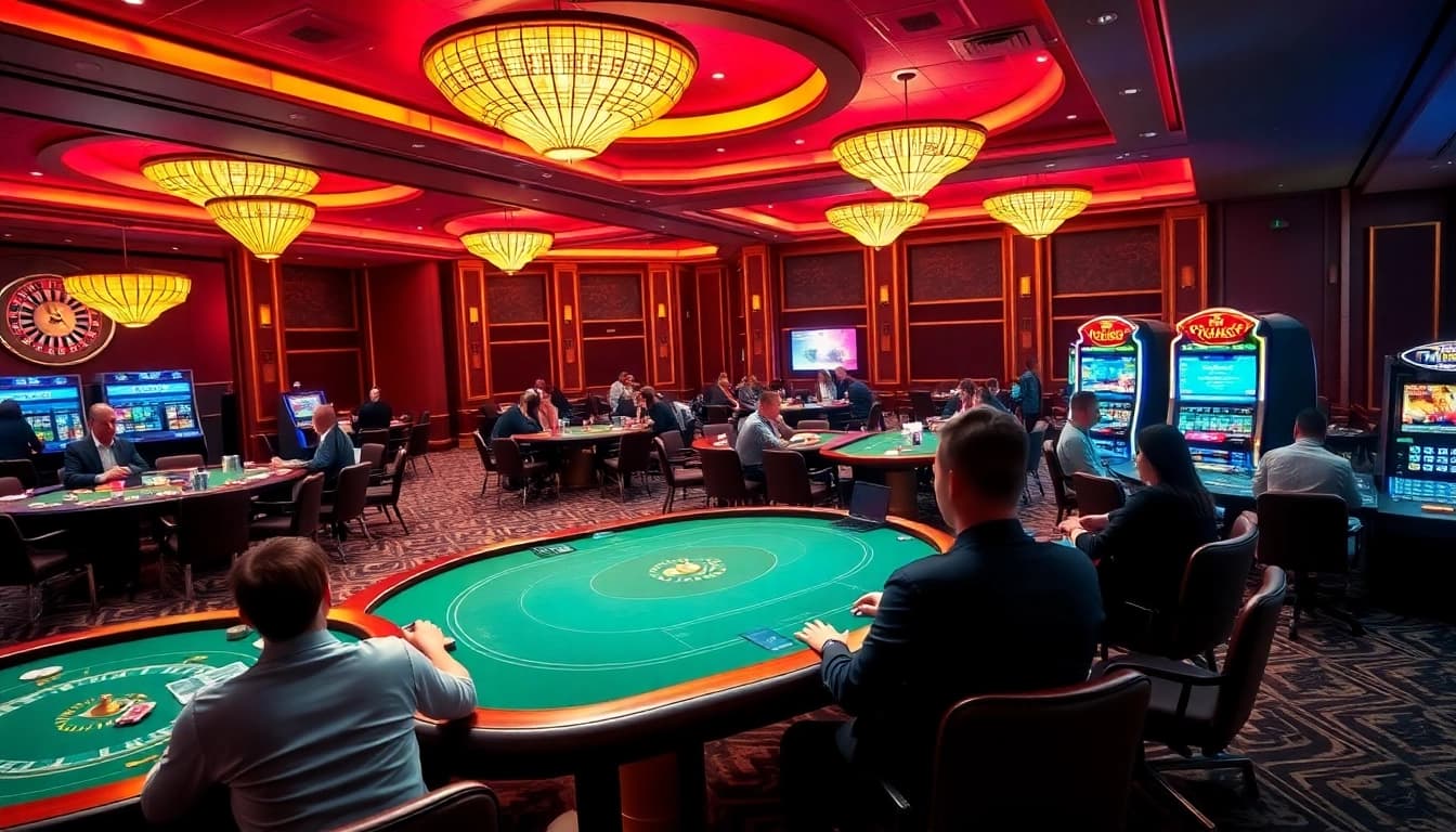 Expérience de casino en ligne passionnante avec des joueurs autour des tables et une roulette qui tourne.
