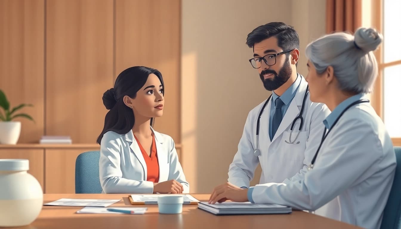 Menggambarkan dokter yang memberikan penjelasan tentang ejakulasi dini kepada pasien dengan suasana tenang.