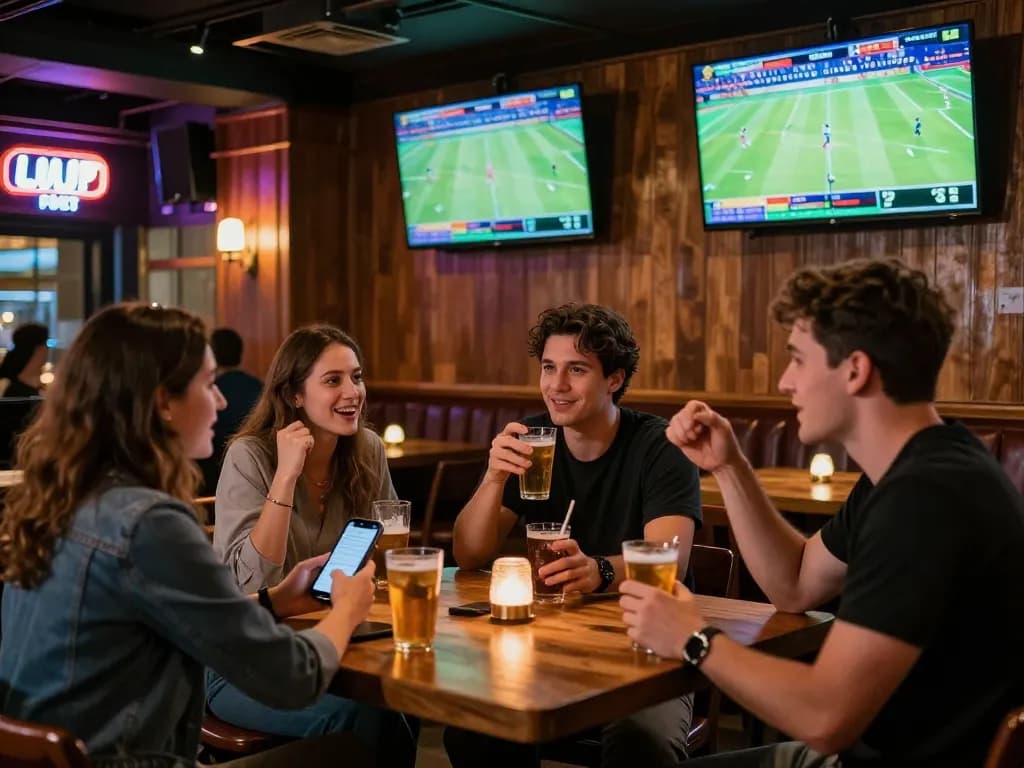 NHÀ CÁI XO88 patrons eagerly placing bets on live sports in a bustling urban sports bar atmosphere.
