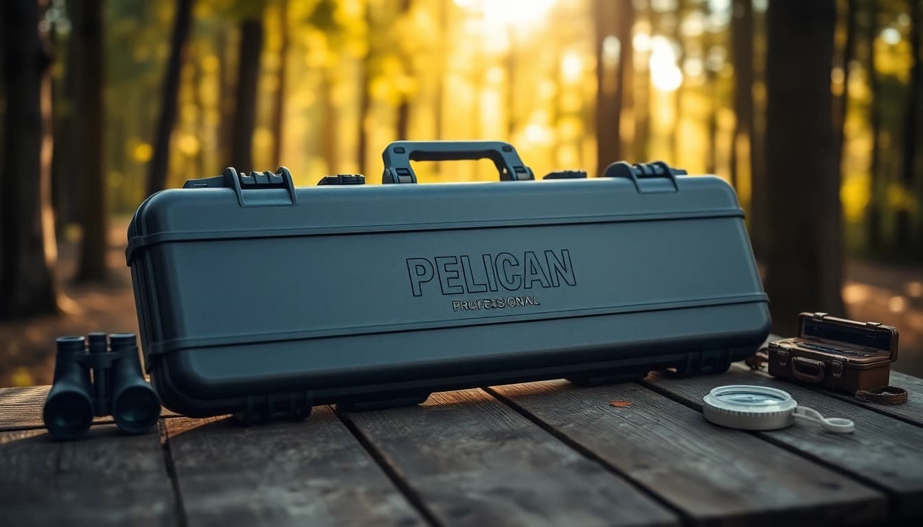 Showcasing a pelican rifle case with rugged features against a natural outdoor background.