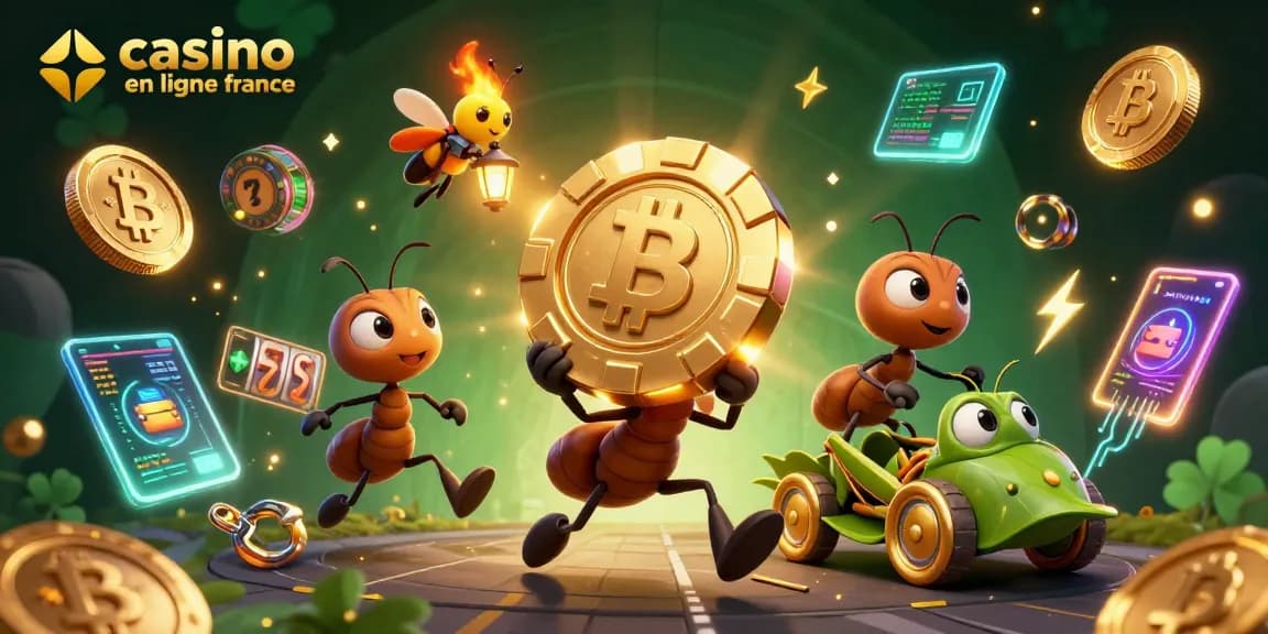Illustration dynamique représentant le casino en ligne France avec des fourmis qui volent un jeton de poker géant dans un tunnel.