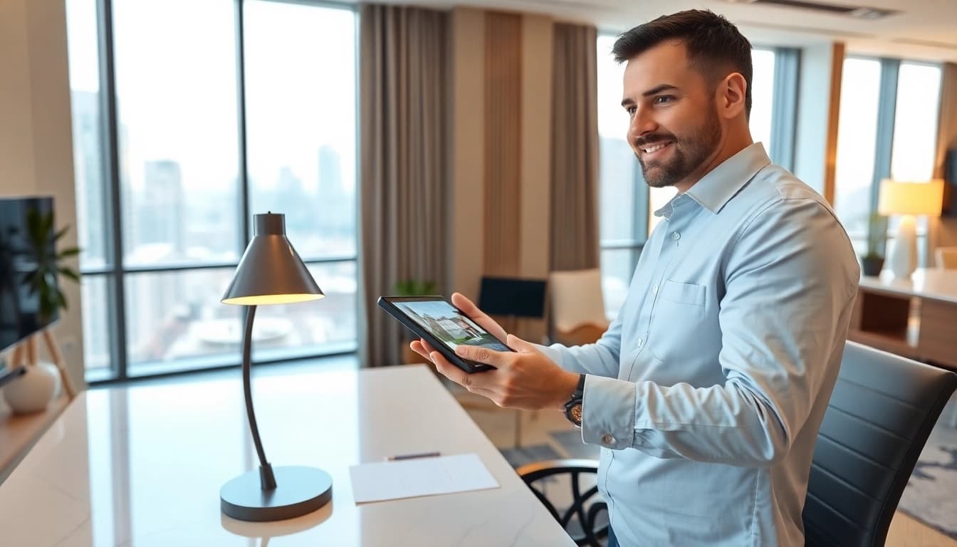 Real estate agent demonstrating properties on a tablet in a modern office setting.