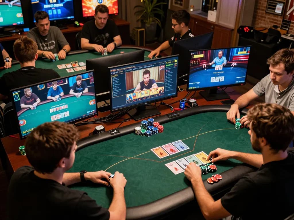 Aspiring players engaging with an 8k8 online poker tournament, showcasing competitive gameplay as they strategize.