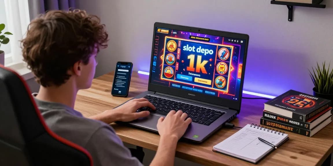 Player enjoying online casino gaming with 'slot depo 1k' options in a stylish home setup.