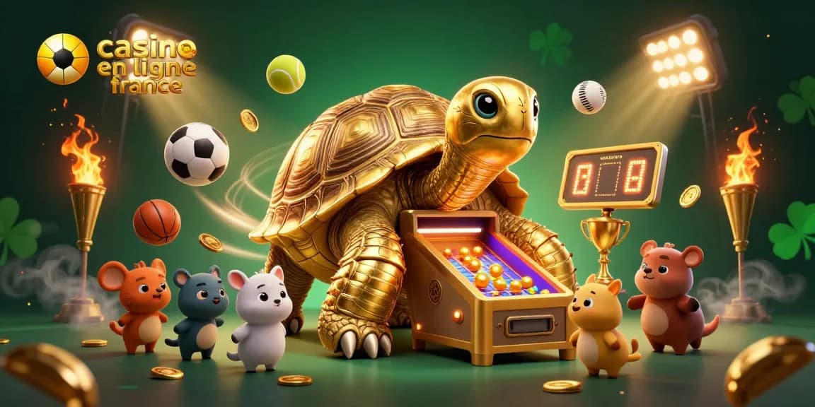 Jouez au casino en ligne France avec une tortue en or et des ballons sportifs animés.