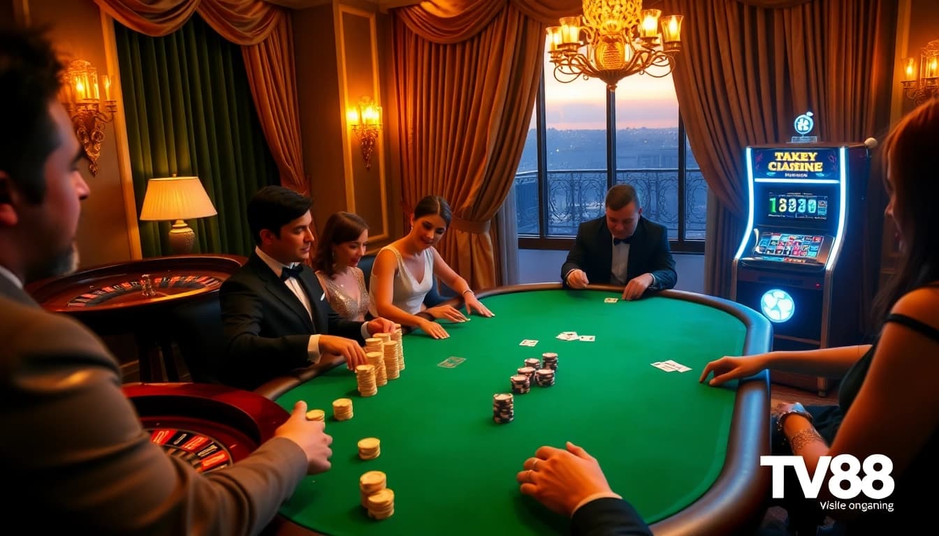 TV88 players betting at a lavish casino poker table with chips and cards.