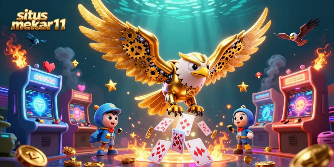 Experience thrilling gameplay with situs mekar11, featuring a dynamic 3D illustration of a golden eagle navigating holographic playing cards.