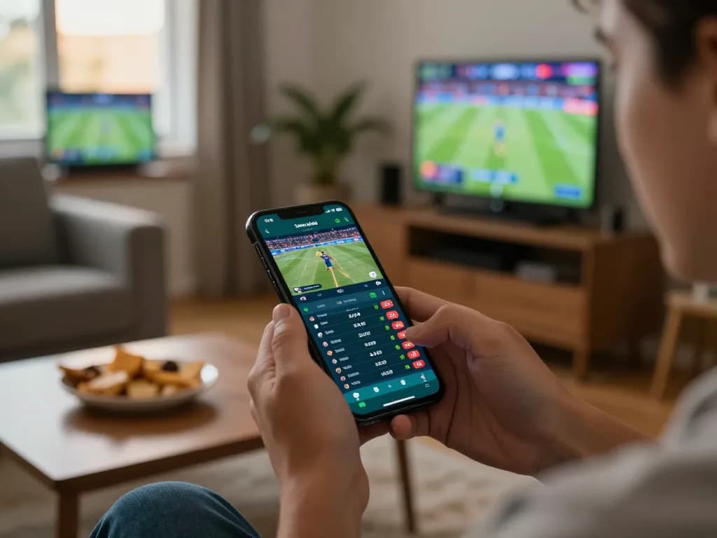 Engaging live betting experience with NHÀ CÁI VUA88 on a smartphone, showcasing real-time sports odds in a cozy home setting.