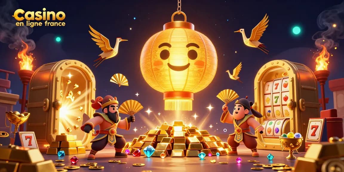 Illustration 3D vibrante représentant le casino en ligne France avec des personnages captivants et des éléments de jeu en or.