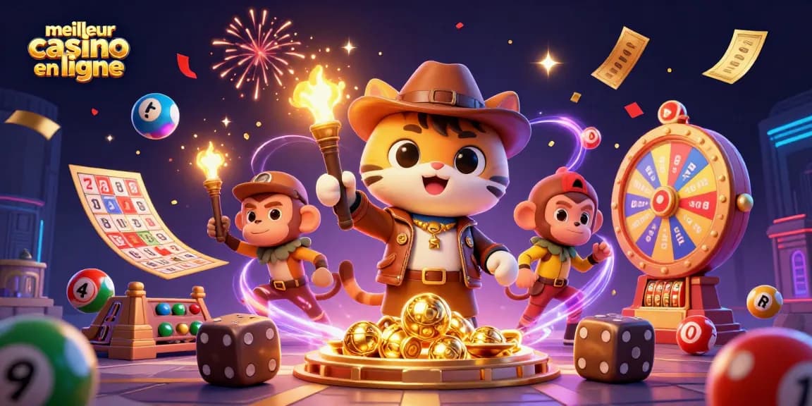 Illustration représentative du meilleur casino en ligne avec un chat explorateur et un singe, joyaux et jeux.