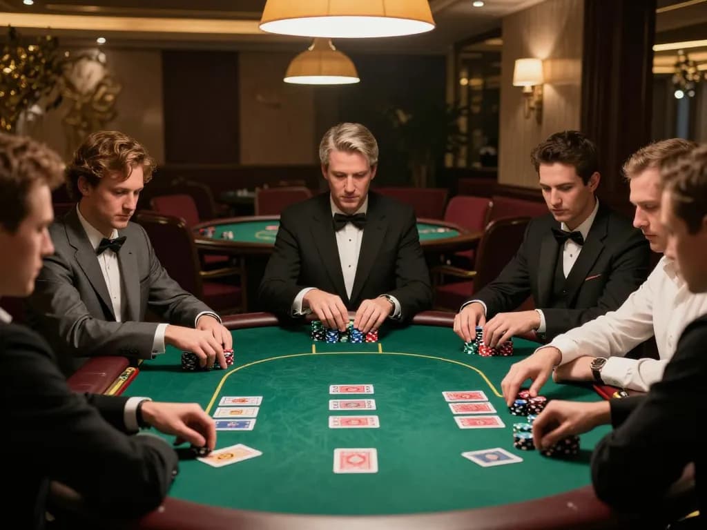 Engaged players at NHÀ CÁI DABET poker table strategizing their next moves in a luxury casino setting
