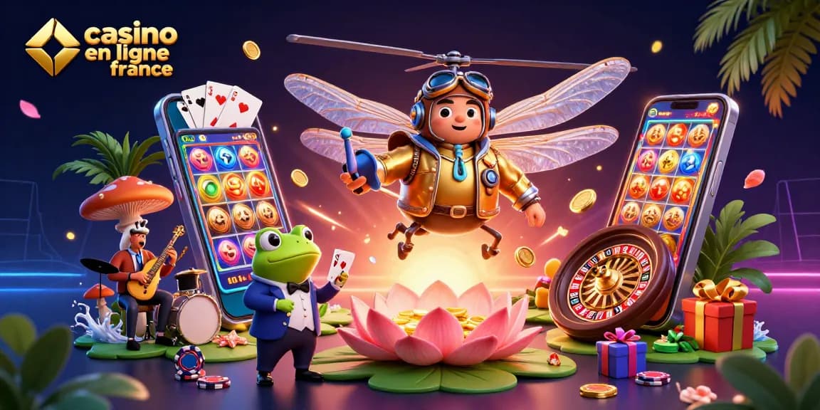 Plongée dans l'univers du casino en ligne France avec un pilote de libellule et un croupier grenouille.