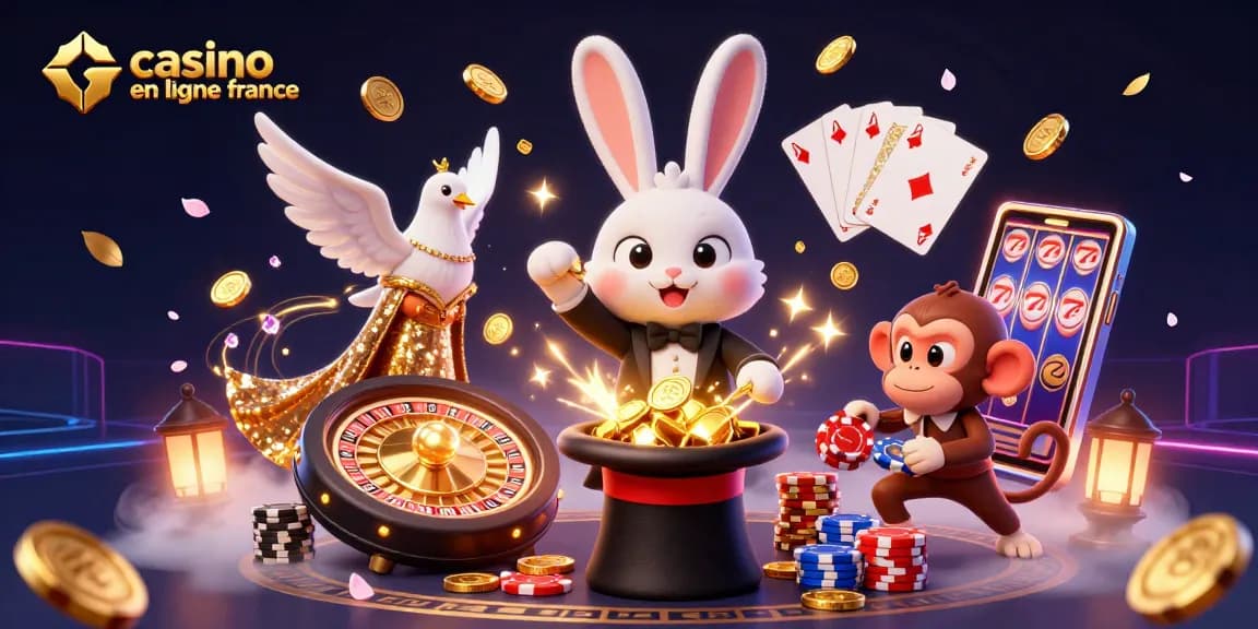 Plongez dans l'univers des jeux avec casino en ligne France, où un magicien, une colombe et un singe se réunissent autour des jetons et des pièces d'or.