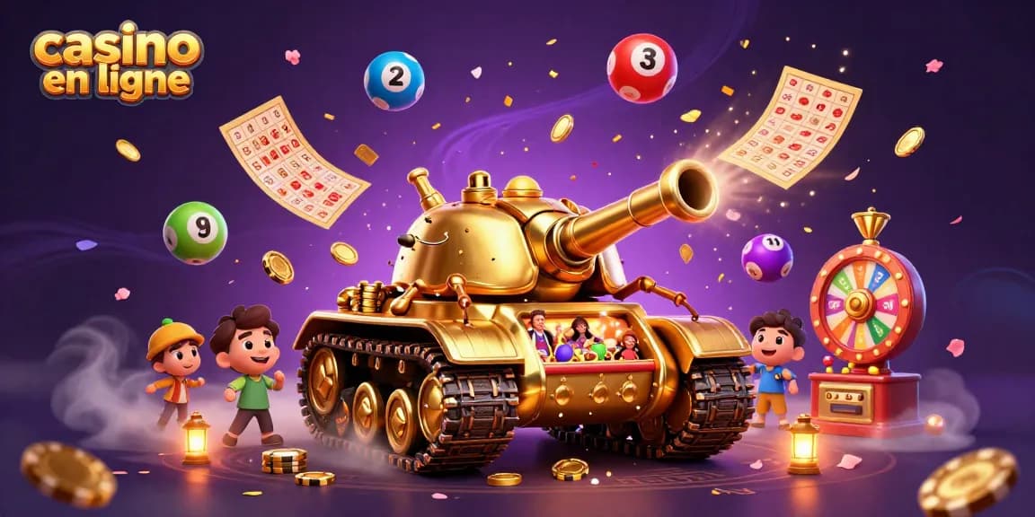 Jouez à casino en ligne avec un tank doré dévoilant des jeux et des confettis.